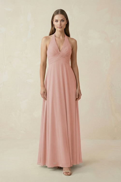 English Rose A-Line Pleated Chiffon V-Neck Bridesmaid Dress | KISSBRIDAL