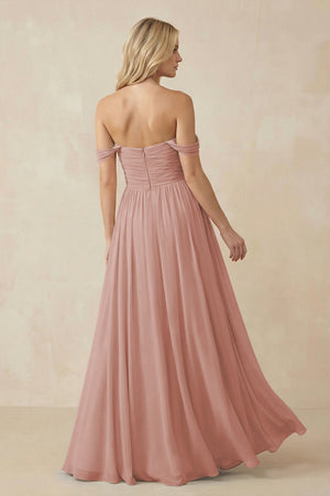 English Rose A-Line Pleated Long Chiffon Bridesmaid Dress (2) | KISSBRIDAL