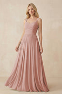 English Rose A-Line Pleated Long Chiffon Bridesmaid Dress | KISSBRIDAL