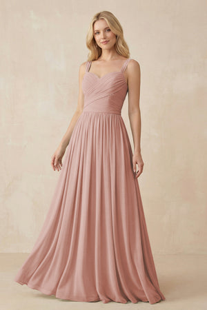 English Rose A-Line Pleated Long Chiffon Bridesmaid Dress | KISSBRIDAL