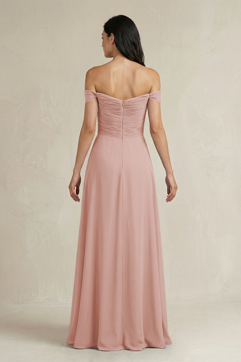 A-Line Pleated Off-the-Shoulder Chiffon Bridesmaid Dress in English Rose