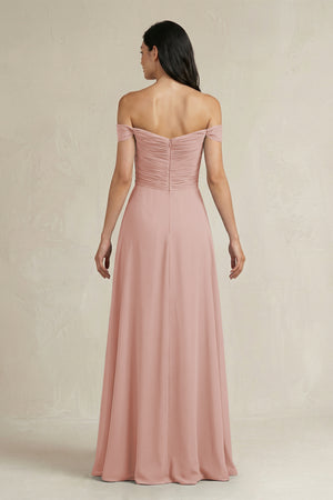 English Rose A-Line Pleated Off-the-Shoulder Chiffon Bridesmaid Dress (2) | KISSBRIDAL