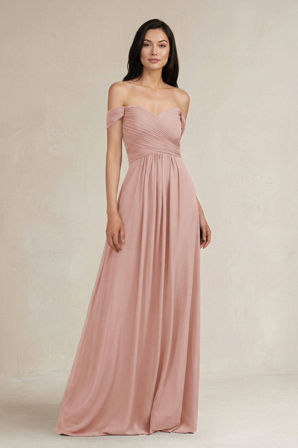 A-Line Pleated Off-the-Shoulder Chiffon Bridesmaid Dress in English Rose