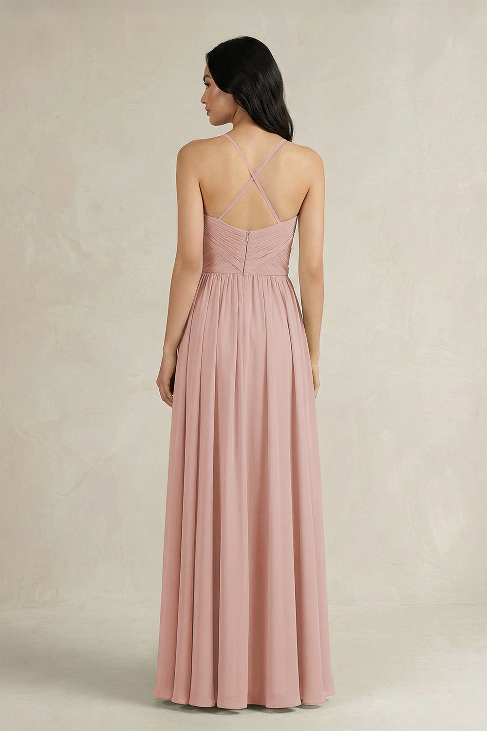 A-Line Pleated Spaghetti Strap Chiffon Bridesmaid Dress in English Rose