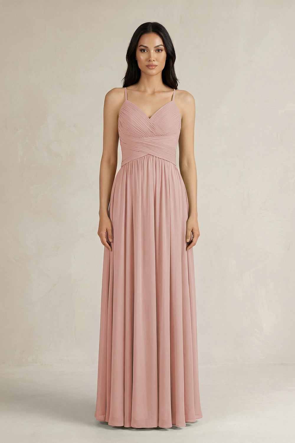 A-Line Pleated Spaghetti Strap Chiffon Bridesmaid Dress in English Rose