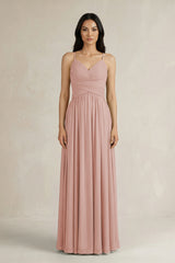 English Rose A-Line Pleated Spaghetti Strap Chiffon Bridesmaid Dress | KISSBRIDAL