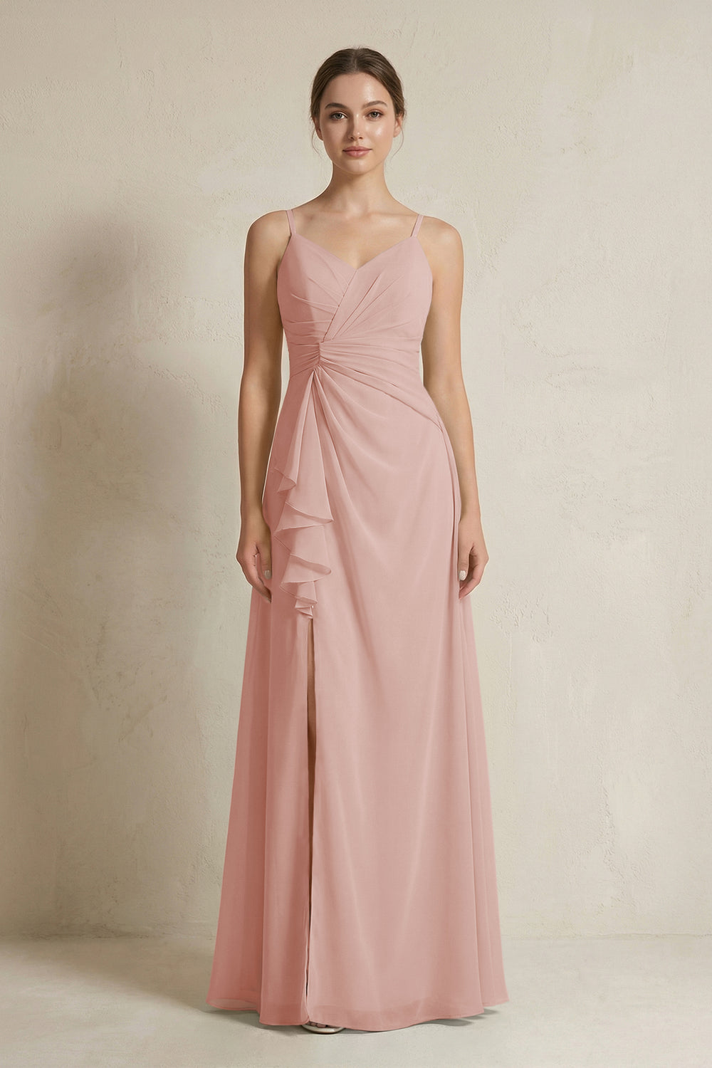 A-Line Ruffled Spaghetti Strap Chiffon Bridesmaid Dress in English Rose