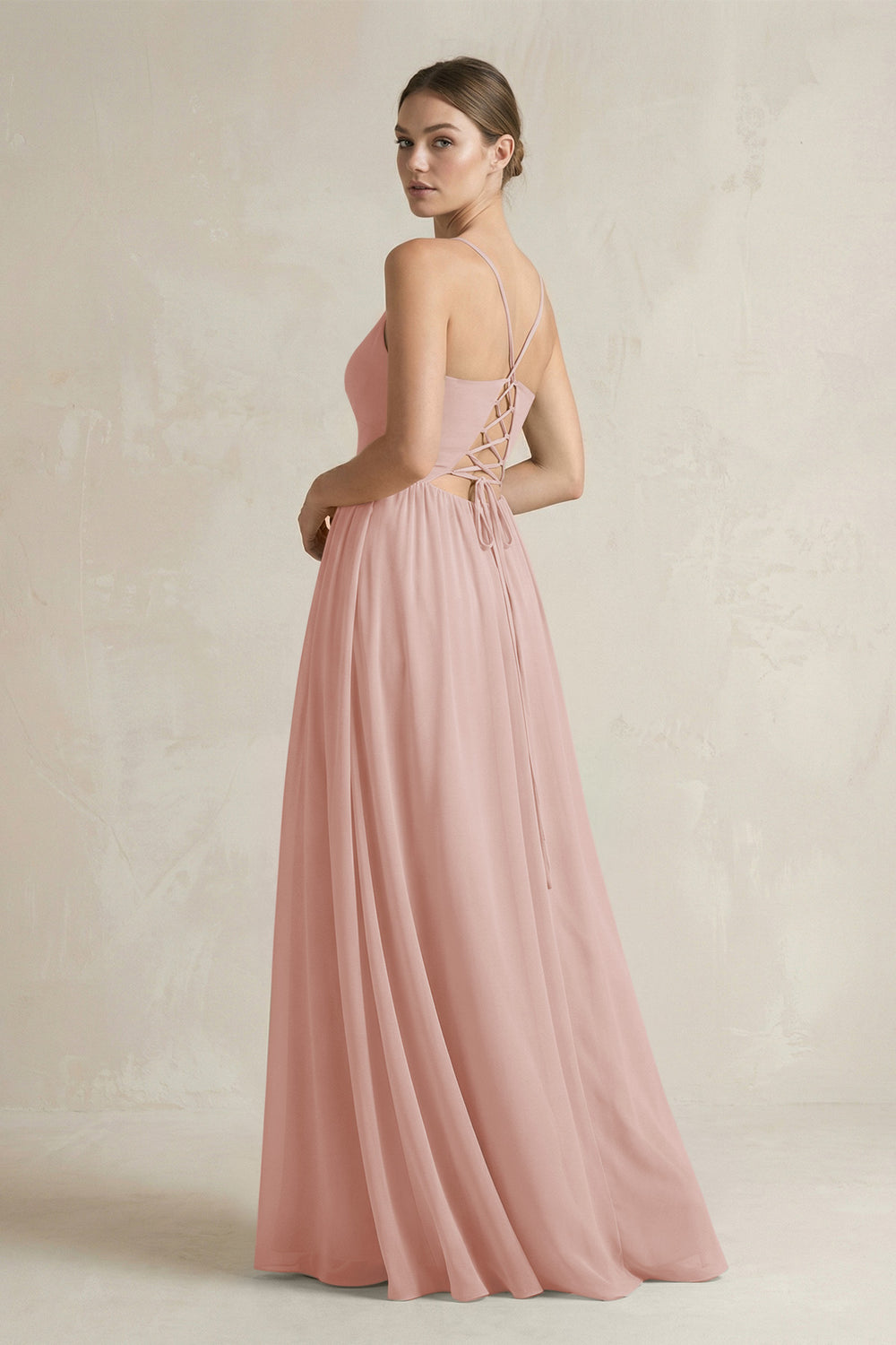 A-Line Spaghetti Strap Chiffon Bridesmaid Dress in English Rose