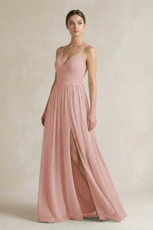 English Rose A-Line Spaghetti Strap Chiffon Bridesmaid Dress | KISSBRIDAL