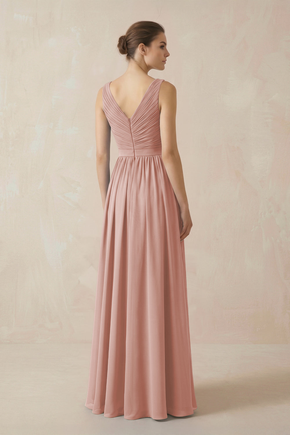 A-Line V-Neck Pleated Chiffon Bridesmaid Dress in English Rose