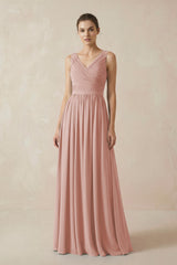 English Rose A-Line V-Neck Pleated Chiffon Bridesmaid Dress | KISSBRIDAL