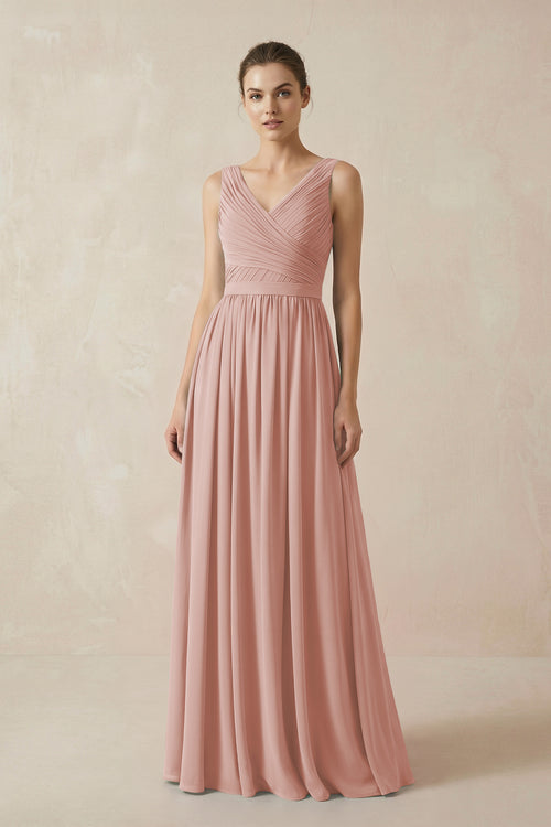 English Rose A-Line V-Neck Pleated Chiffon Bridesmaid Dress | KISSBRIDAL
