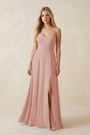English Rose Cami Strap A-Line Chiffon Bridesmaid Dress with Slit | KISSBRIDAL