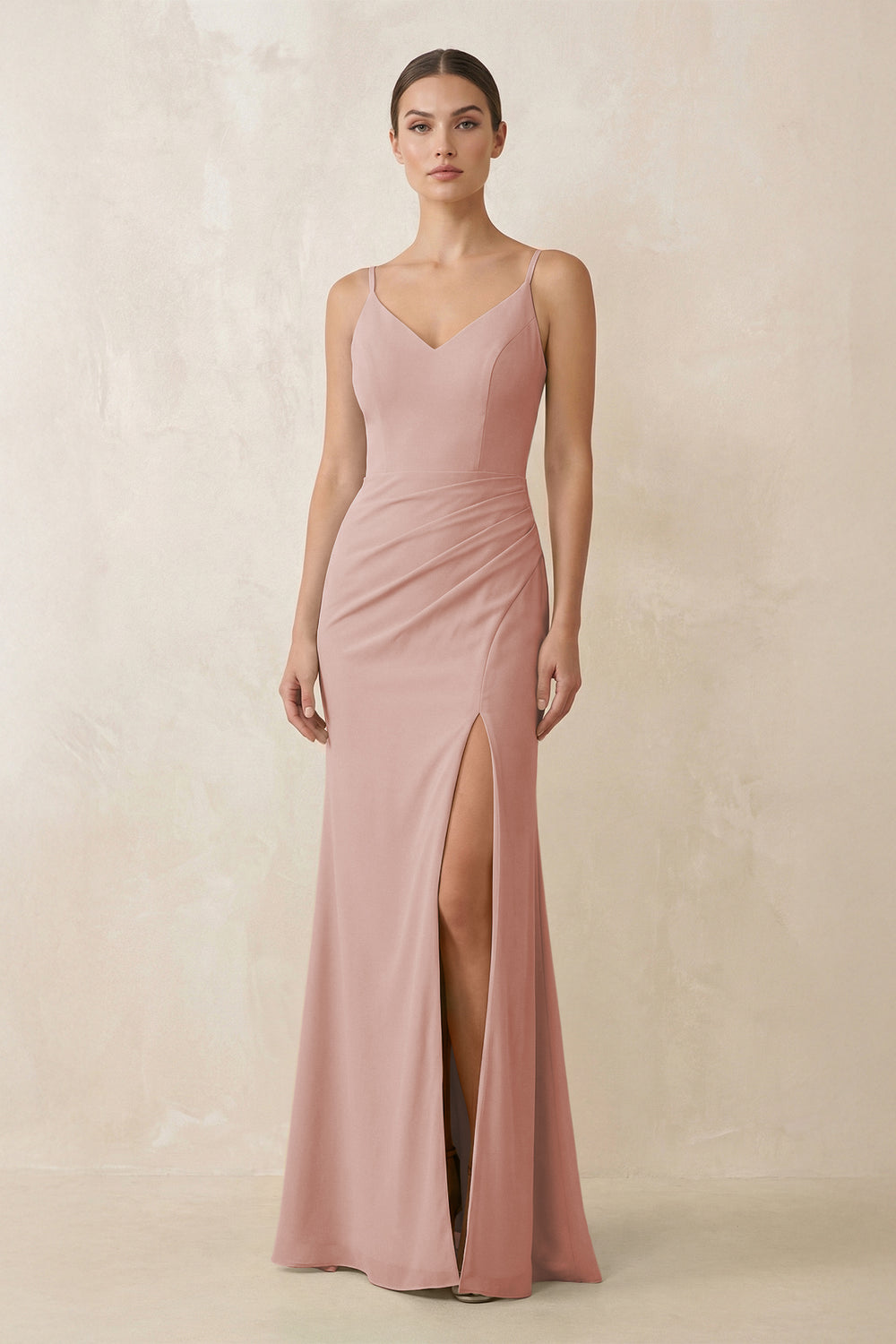 Cami Strap Chiffon Sheath Bridesmaid Gown in English Rose