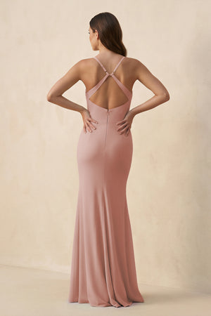 English Rose Cami Strap Sheath Chiffon Bridesmaid Dress with Slit (2) | KISSBRIDAL