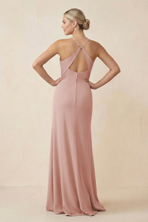 English Rose Cami Strap Sheath Ruched Bridesmaid Dress With Slit (2) | KISSBRIDAL