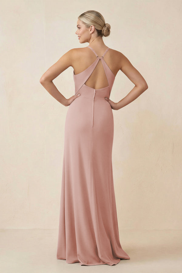 English Rose Cami Strap Sheath Ruched Bridesmaid Dress With Slit (2) | KISSBRIDAL