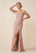 English Rose Cami Strap Sheath Ruched Bridesmaid Dress With Slit | KISSBRIDAL