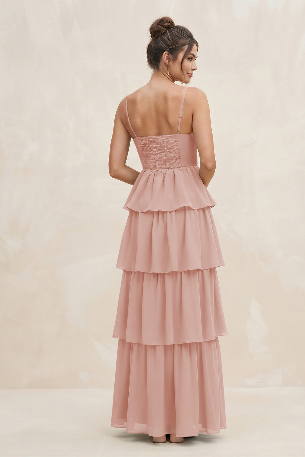 Cami Strap Tiered A-Line Chiffon Bridesmaid Dress in English Rose