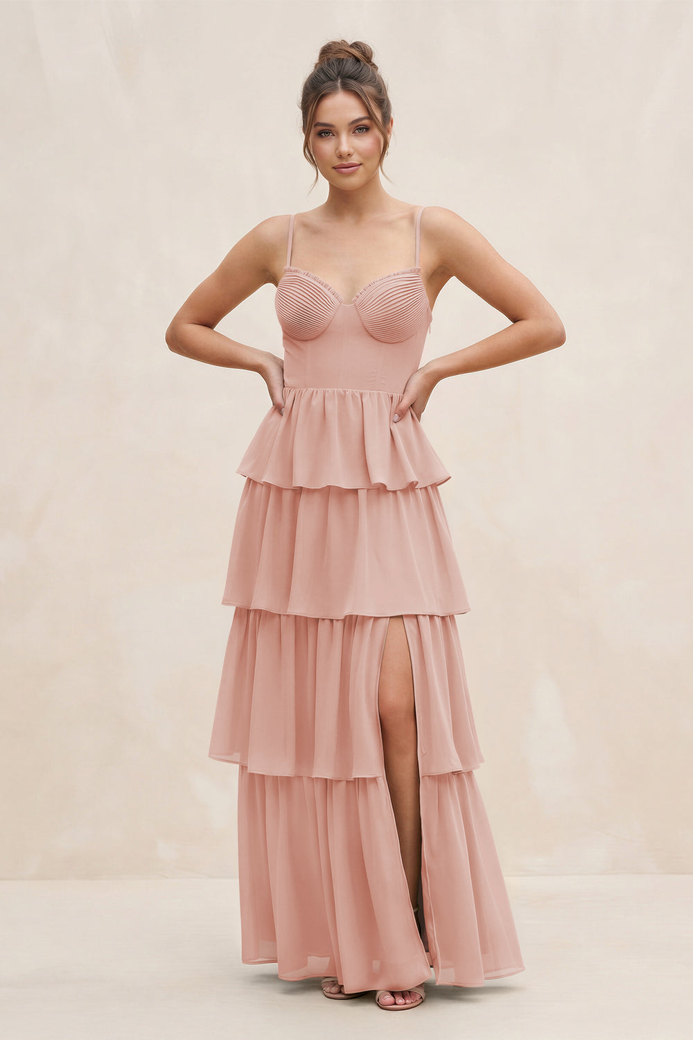 Cami Strap Tiered A-Line Chiffon Bridesmaid Dress in English Rose