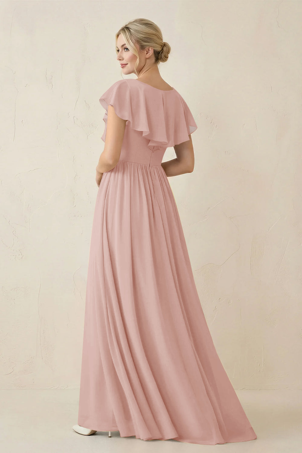Cap Sleeve A-Line Ruffled Chiffon Bridesmaid Dress in English Rose
