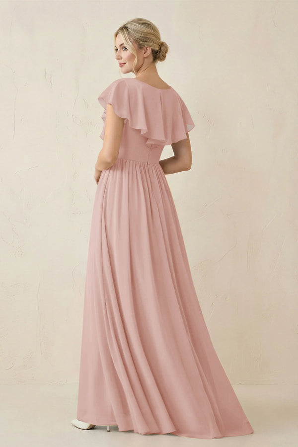 English Rose Cap Sleeve A-Line Ruffled Chiffon Bridesmaid Dress (2) | KISSBRIDAL