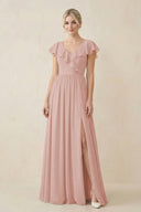 English Rose Cap Sleeve A-Line Ruffled Chiffon Bridesmaid Dress | KISSBRIDAL