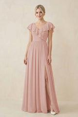 English Rose Cap Sleeve A-Line Ruffled Chiffon Bridesmaid Dress | KISSBRIDAL