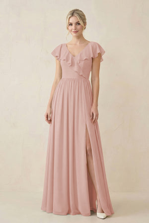 English Rose Cap Sleeve A-Line Ruffled Chiffon Bridesmaid Dress | KISSBRIDAL