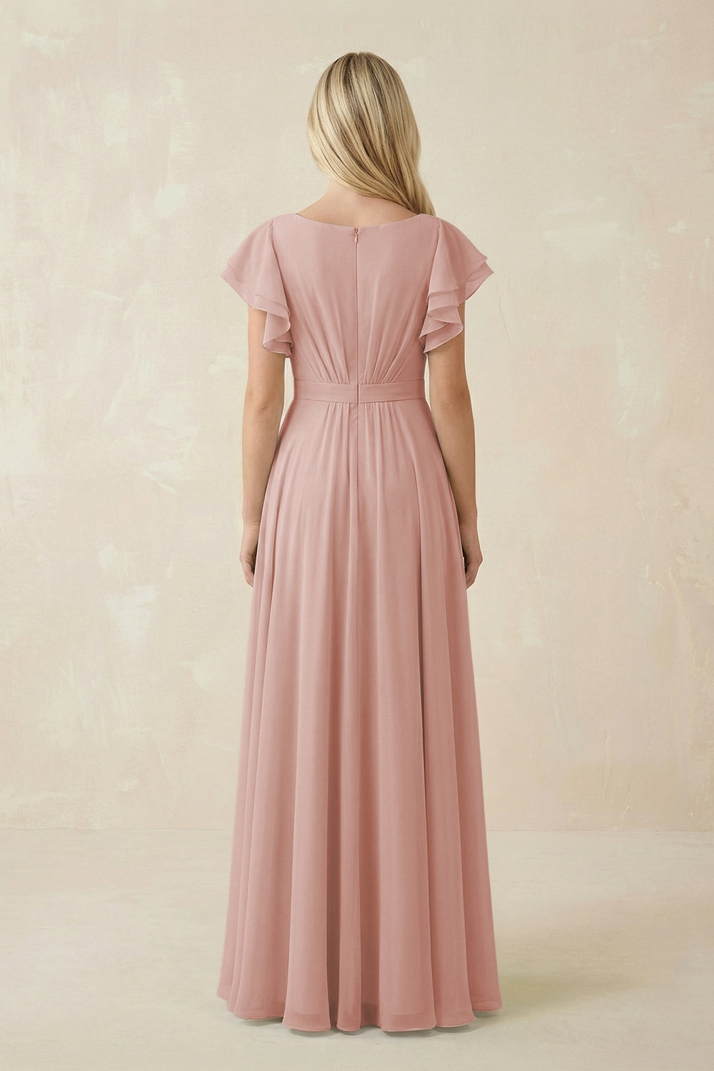 Cap Sleeve Ruffled A-Line Chiffon Bridesmaid Dress in English Rose