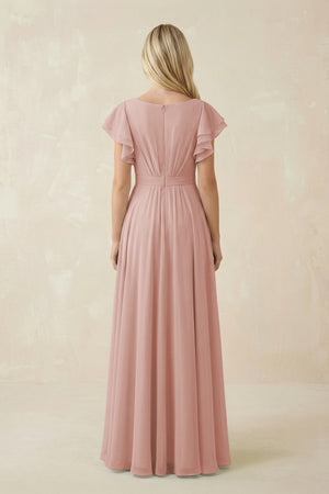 English Rose Cap Sleeve Ruffled A-Line Chiffon Bridesmaid Dress (2) | KISSBRIDAL