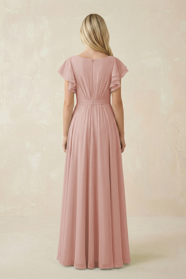 English Rose Cap Sleeve Ruffled A-Line Chiffon Bridesmaid Dress (2) | KISSBRIDAL