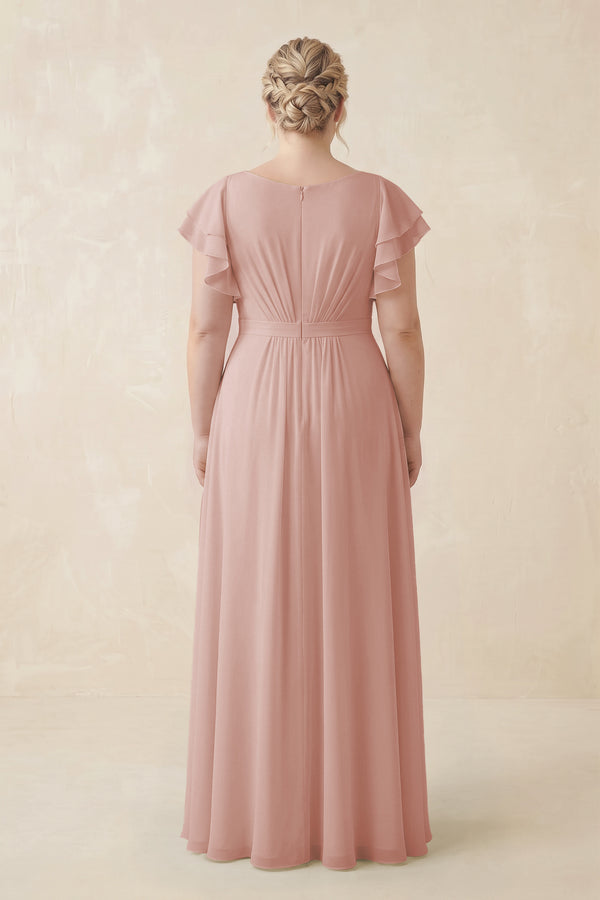 English Rose Cap Sleeve Ruffled A-Line Chiffon Bridesmaid Dress (2) | KISSBRIDAL
