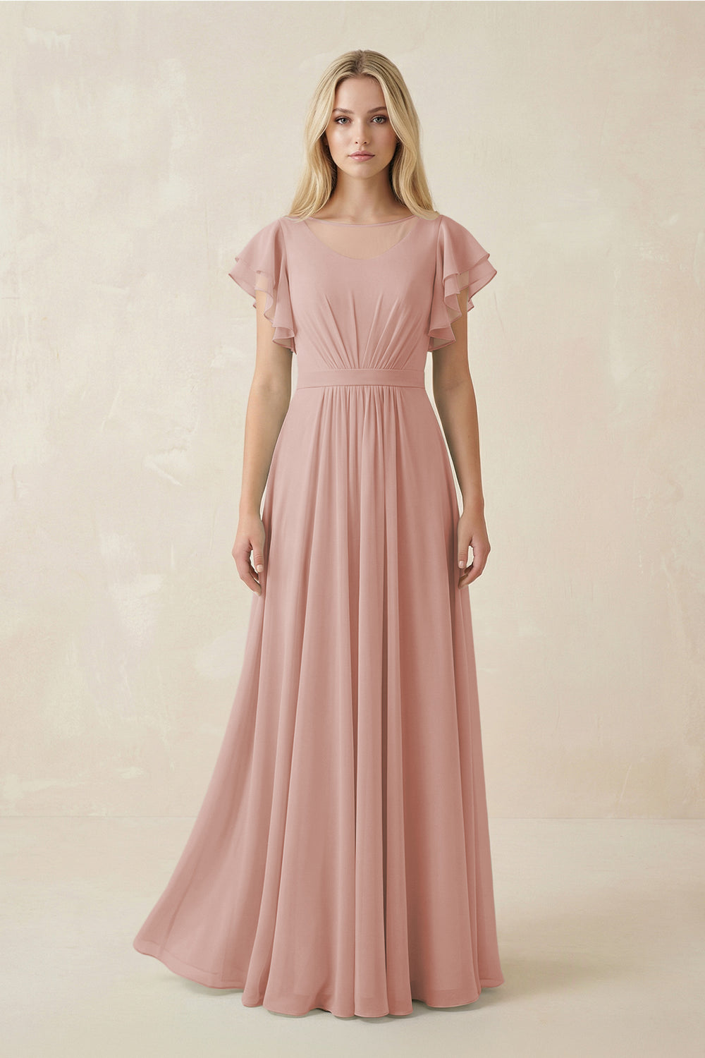 Cap Sleeve Ruffled A-Line Chiffon Bridesmaid Dress in English Rose