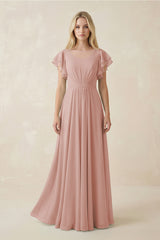English Rose Cap Sleeve Ruffled A-Line Chiffon Bridesmaid Dress | KISSBRIDAL