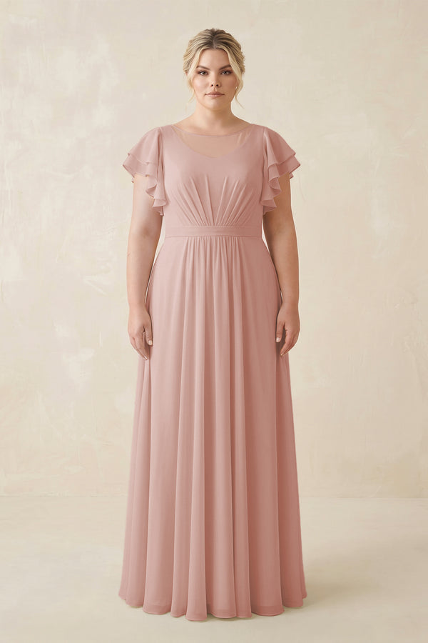 English Rose Cap Sleeve Ruffled A-Line Chiffon Bridesmaid Dress | KISSBRIDAL