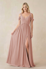 English Rose Chiffon A-Line Bridesmaid Dress with Slit | KISSBRIDAL