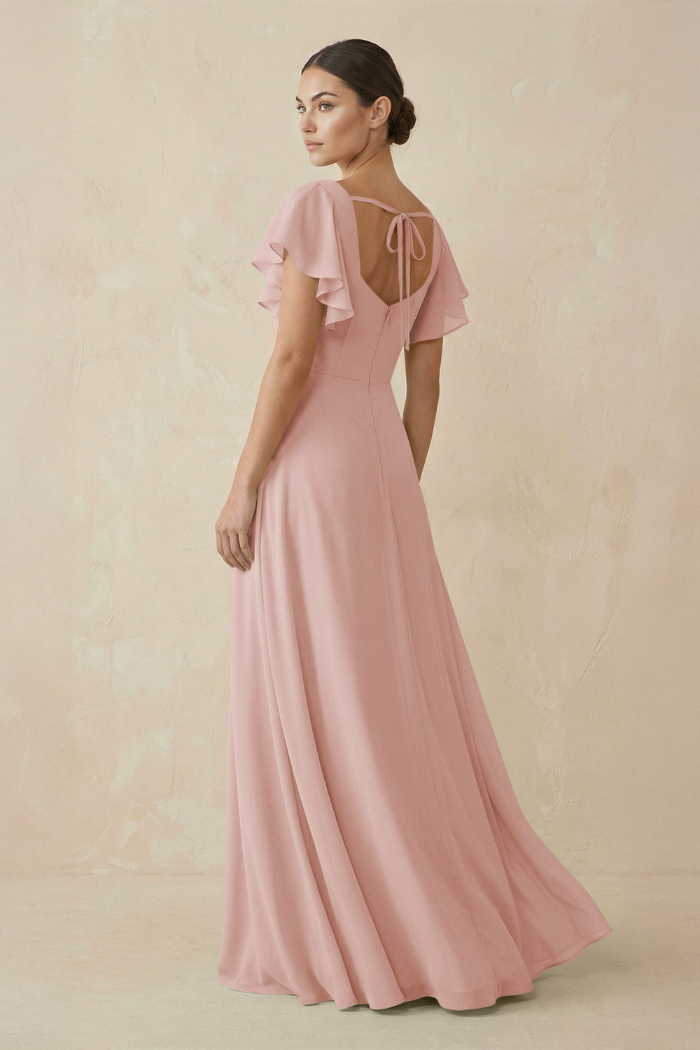 Chiffon A-Line Long Bridesmaid Dress with Flutter Sleeves in English Rose