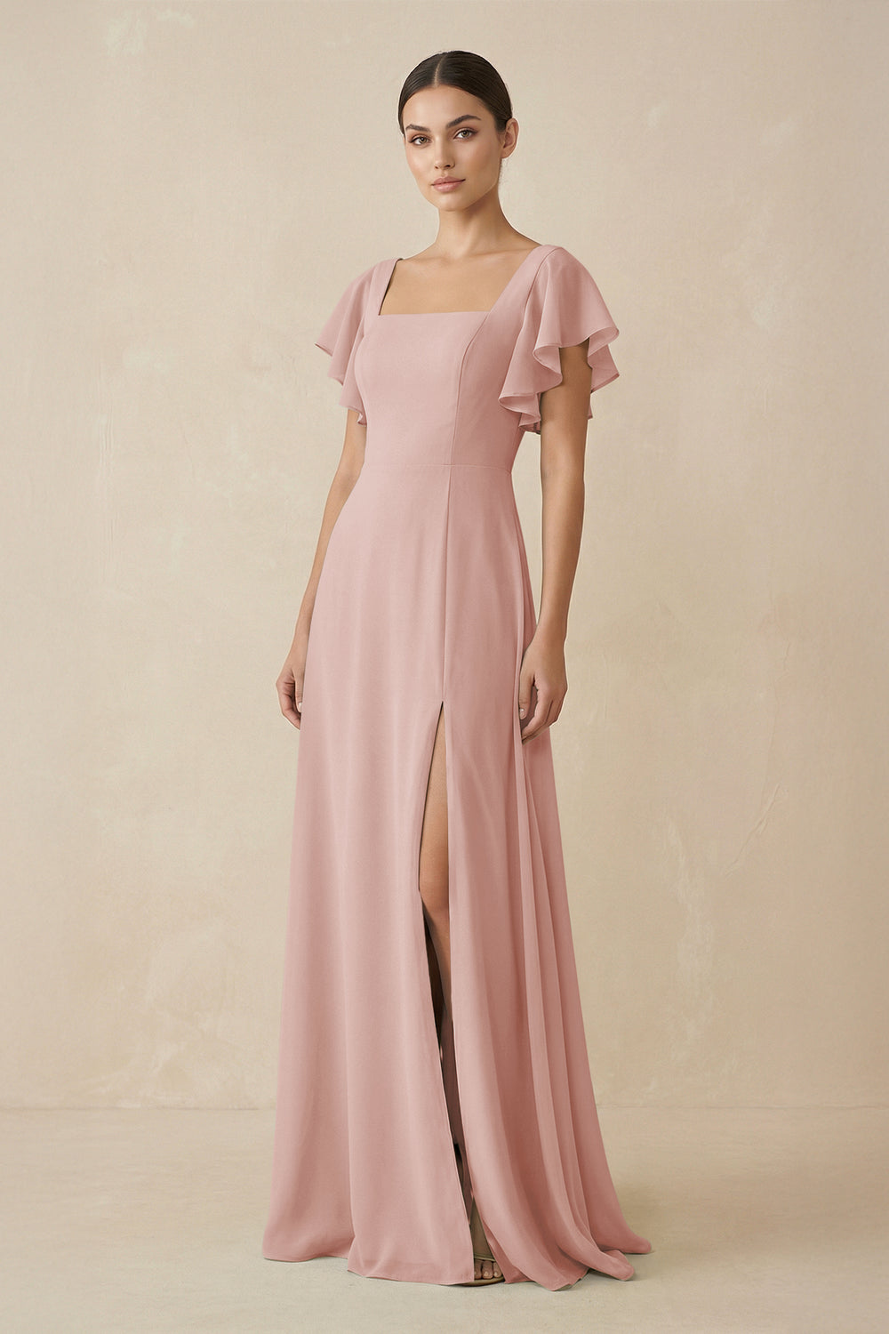 Chiffon A-Line Long Bridesmaid Dress with Flutter Sleeves in English Rose