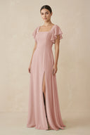 English Rose Chiffon A-Line Long Bridesmaid Dress with Flutter Sleeves | KISSBRIDAL