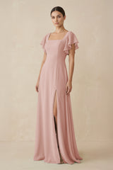 English Rose Chiffon A-Line Long Bridesmaid Dress with Flutter Sleeves | KISSBRIDAL