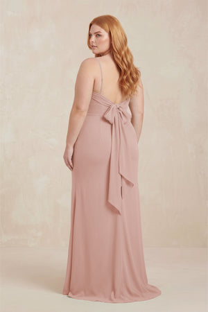 English Rose Cowl Neck Sheath Chiffon Bridesmaid Dress with Corset (2) | KISSBRIDAL