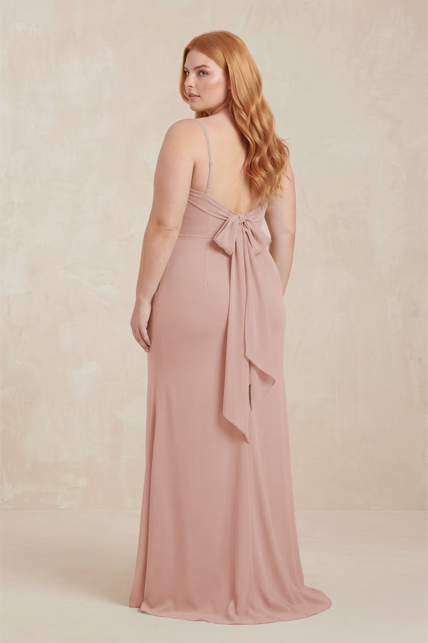 English Rose Cowl Neck Sheath Chiffon Bridesmaid Dress with Corset (2) | KISSBRIDAL