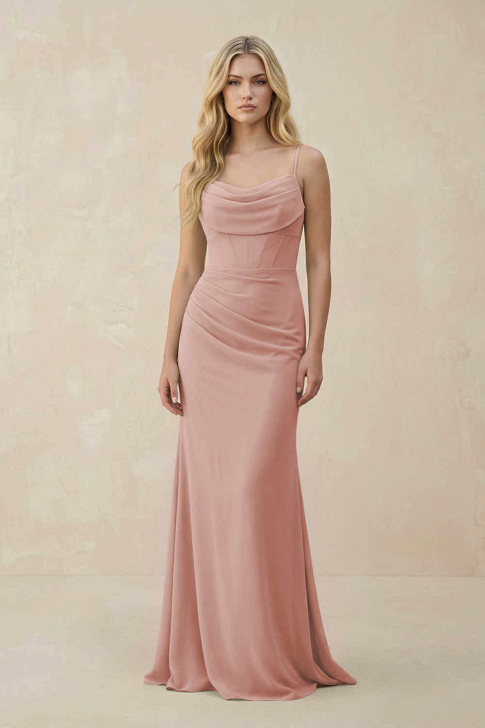 Cowl Neck Sheath Chiffon Bridesmaid Dress with Corset in English Rose