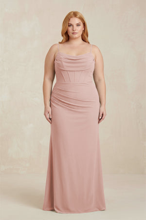 English Rose Cowl Neck Sheath Chiffon Bridesmaid Dress with Corset | KISSBRIDAL