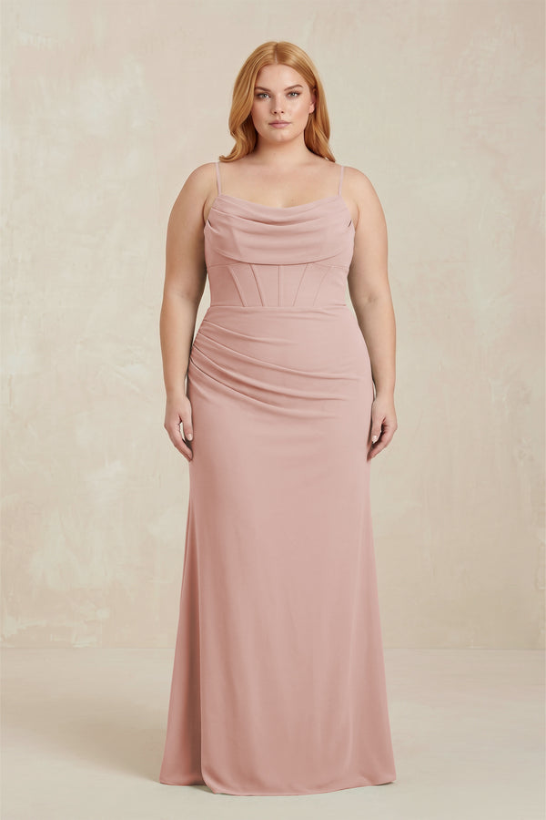 English Rose Cowl Neck Sheath Chiffon Bridesmaid Dress with Corset | KISSBRIDAL