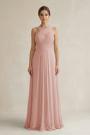 English Rose Cross Halter Chiffon A-Line Pleated Bridesmaid Dress | KISSBRIDAL