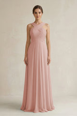 English Rose Cross Halter Chiffon A-Line Pleated Bridesmaid Dress | KISSBRIDAL