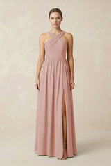 English Rose Cross Halter Neck Chiffon A-Line Bridesmaid Dress With Slit | KISSBRIDAL