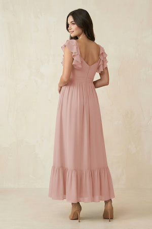 English Rose Flutter Sleeve Sweetheart A-Line Chiffon Bridesmaid Dress (2) | KISSBRIDAL